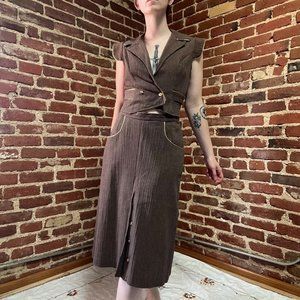 1960s Brown Two Piece Suit - Vest and Skirt combo with gold piping